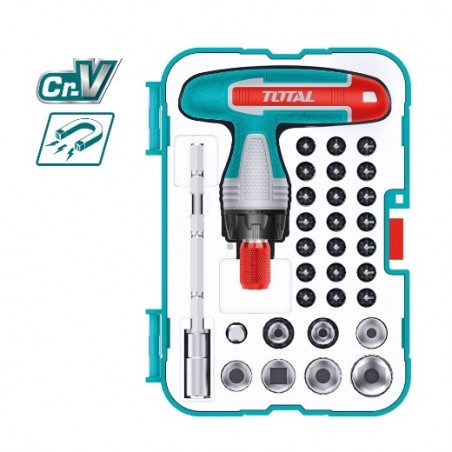TOTAL 41853  
 Llave T con juego de puntas y vasos TACSD30316  
 31 Piezas