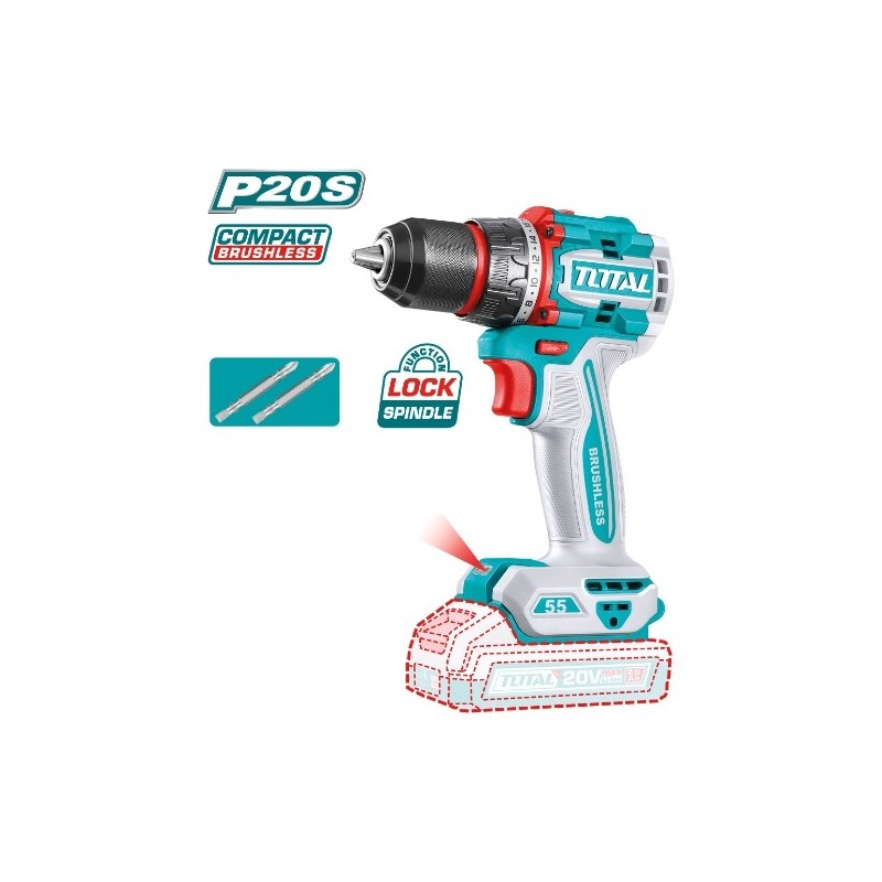 TOTAL 41878  
 Taladro atornillador brushless a batería TDLI205581  
 20 V