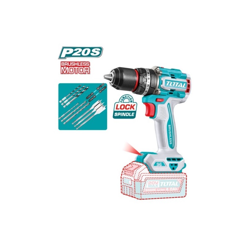 TOTAL 41879   Taladro percutor brushless a batería TIDLI209681   20 V