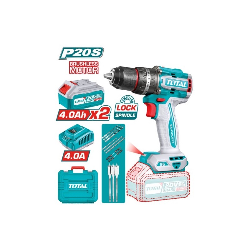 TOTAL 41880  
 Taladro percutor brushless a batería TIDLI20968E  
 20 V