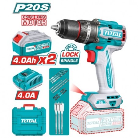 TOTAL 41880  
 Taladro percutor brushless a batería TIDLI20968E  
 20 V