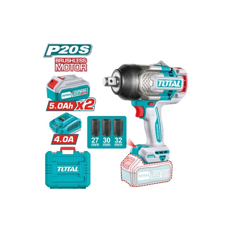 TOTAL 41881  
 Llave impacto 3/4'' Brushless a batería TIWLI20135E  
 20 V