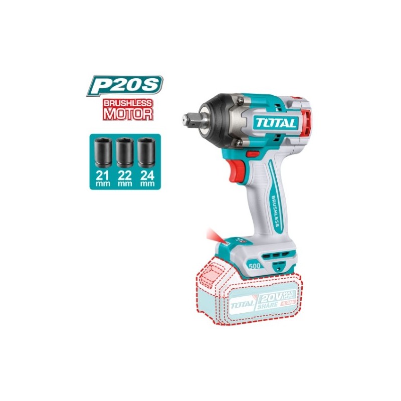 TOTAL 41926  
 Llave impacto 1/2'' Brushless a batería TIWLI20501  
 20 V