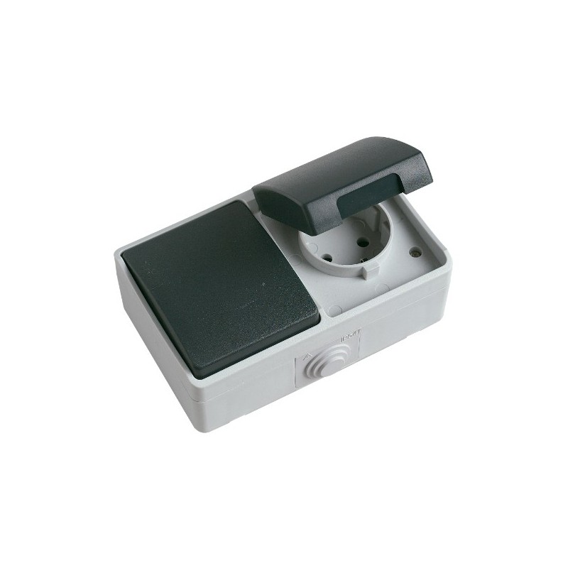 AMIG 8677  
 Interruptor + base estanco 3620  
 128 x 80 x 52 mm  
 Policarbonato  
 Gris