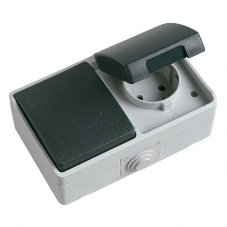 AMIG 8677  
 Interruptor + base estanco 3620  
 128 x 80 x 52 mm  
 Policarbonato  
 Gris