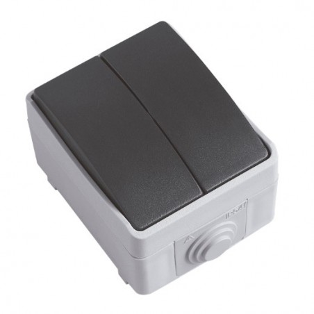 AMIG 8903  
 Conmutador doble estanco IP54 3612  
 90 x 65 x 52 mm  
 Policarbonato  
 Gris