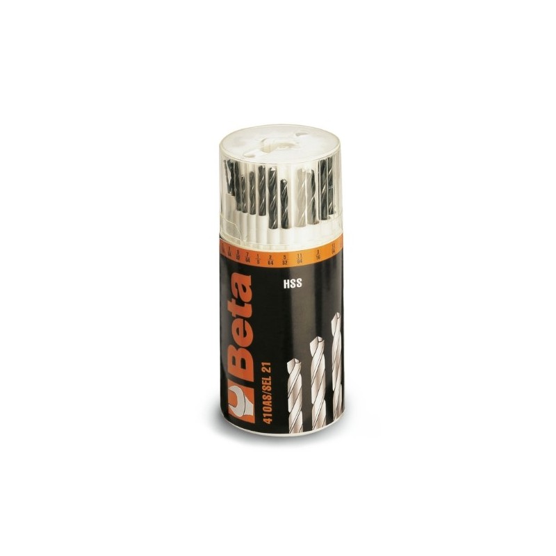 410AS/SEL21 Juego de brocas HSS helicoidales laminadas, en pulgadas, en bote de plástico