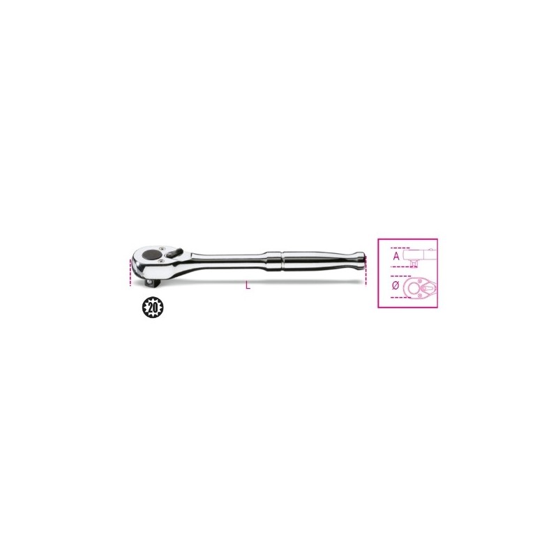 900M/55 Carraca reversible con cuadrado macho de 1/4&quot,, con mango de metal cromado