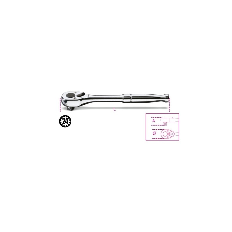910M/55 Carraca reversible con cuadrado macho de 3/8&quot,, con mango de metal cromado