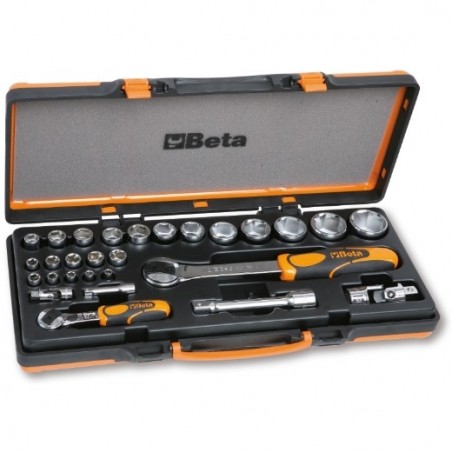 902A/C22 Surtido de 22 vasos hexagonales y 6 accesorios, en caja de metal