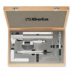 1685/C7 Surtido de 7 herramientas para medir y trazar, en caja de madera