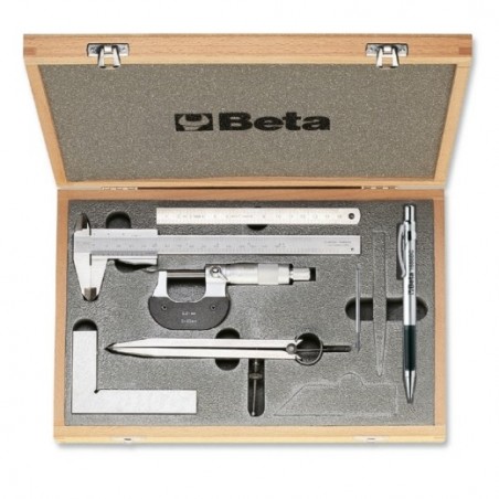 1685/C7 Surtido de 7 herramientas para medir y trazar, en caja de madera