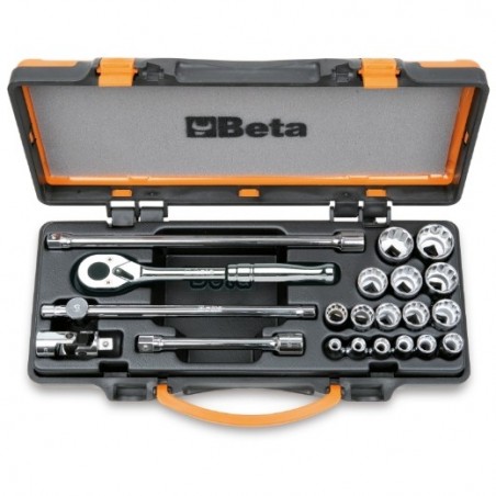 920AS/MBM-C21 Surtido de 16 vasos poligonales y 5 accesorios, en caja de metal