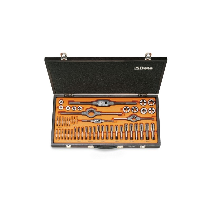446/C48 Surtido de machos y terrajas de acero cromado y accesorios de rosca métrica, en caja de madera