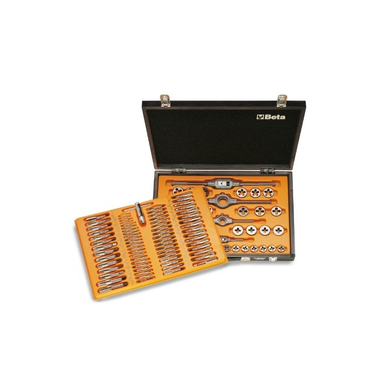 446/C110 Surtido de 105 machos y terrajas de acero cromado y 5 accesorios de roscado métrico, en caja de madera