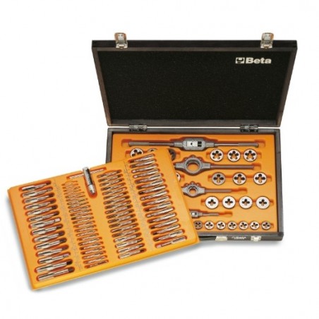 446/C110 Surtido de 105 machos y terrajas de acero cromado y 5 accesorios de roscado métrico, en caja de madera