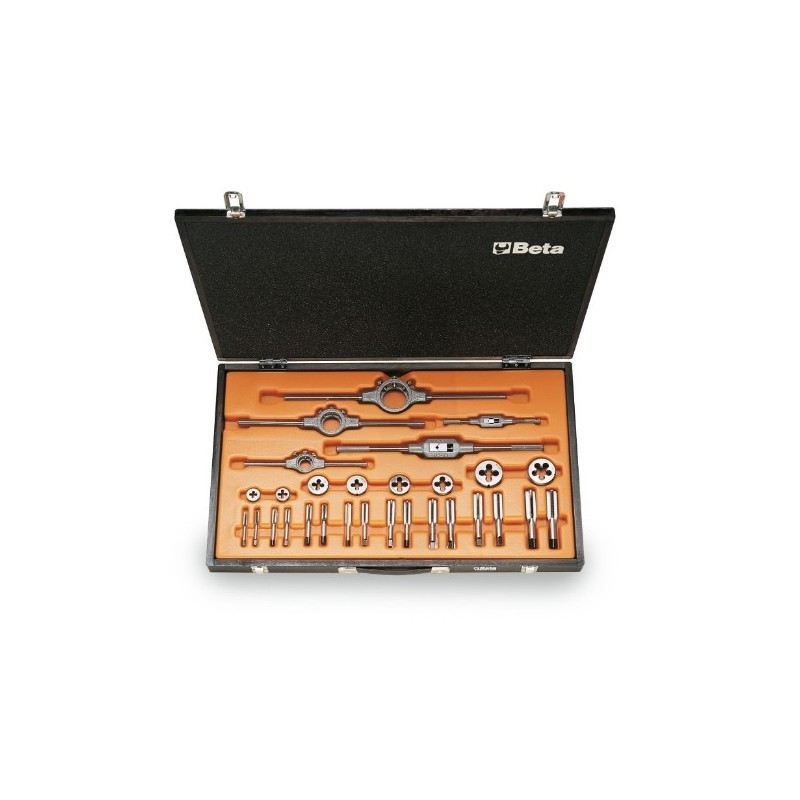 446ASF/C29 Surtido de machos y terrajas de acero cromado y accesorios de rosca UNF, en caja de madera