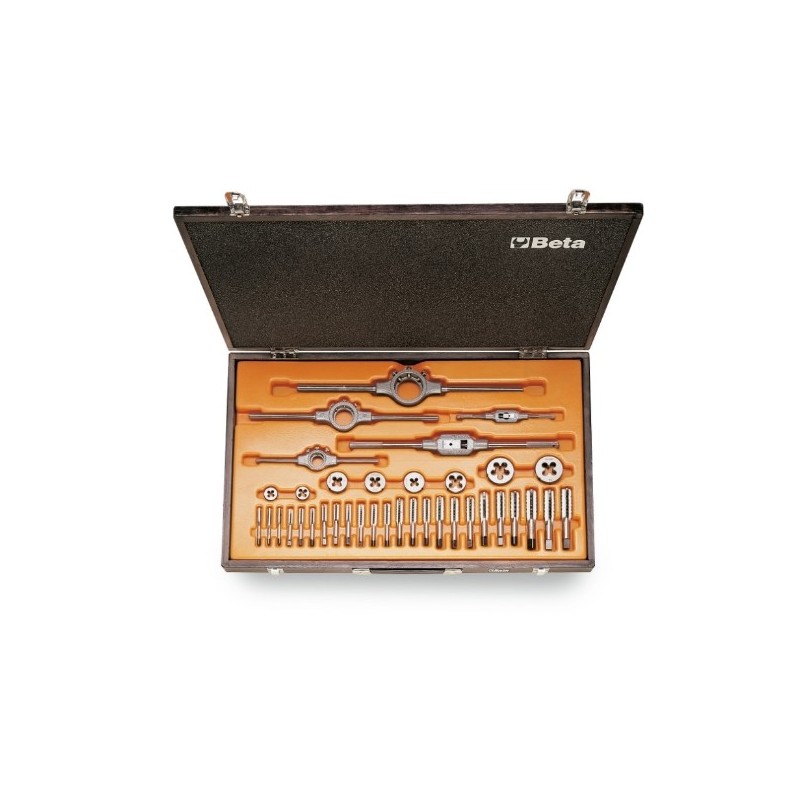 446ASC/C37 Surtido de machos y terrajas de acero cromado y accesorios de rosca UNC, en caja de madera