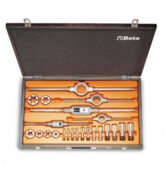 446ASG/C23 Surtido de machos y terrajas de acero cromado y accesorios de rosca cilíndrica GAS, en caja de madera