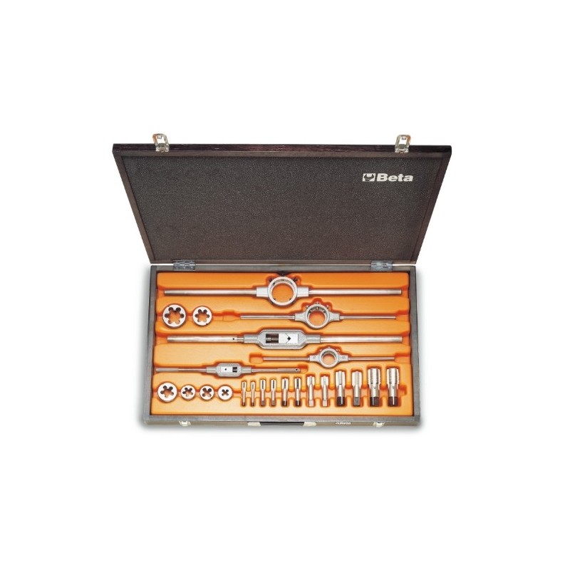 446ASG/C23 Surtido de machos y terrajas de acero cromado y accesorios de rosca cilíndrica GAS, en caja de madera