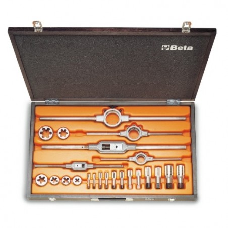 446ASG/C23 Surtido de machos y terrajas de acero cromado y accesorios de rosca cilíndrica GAS, en caja de madera