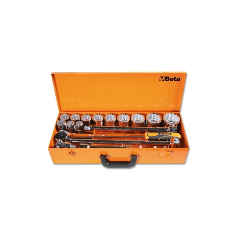 928B/C12 Surtido de 12 vasos poligonales y 5 accesorios, en caja de metal
