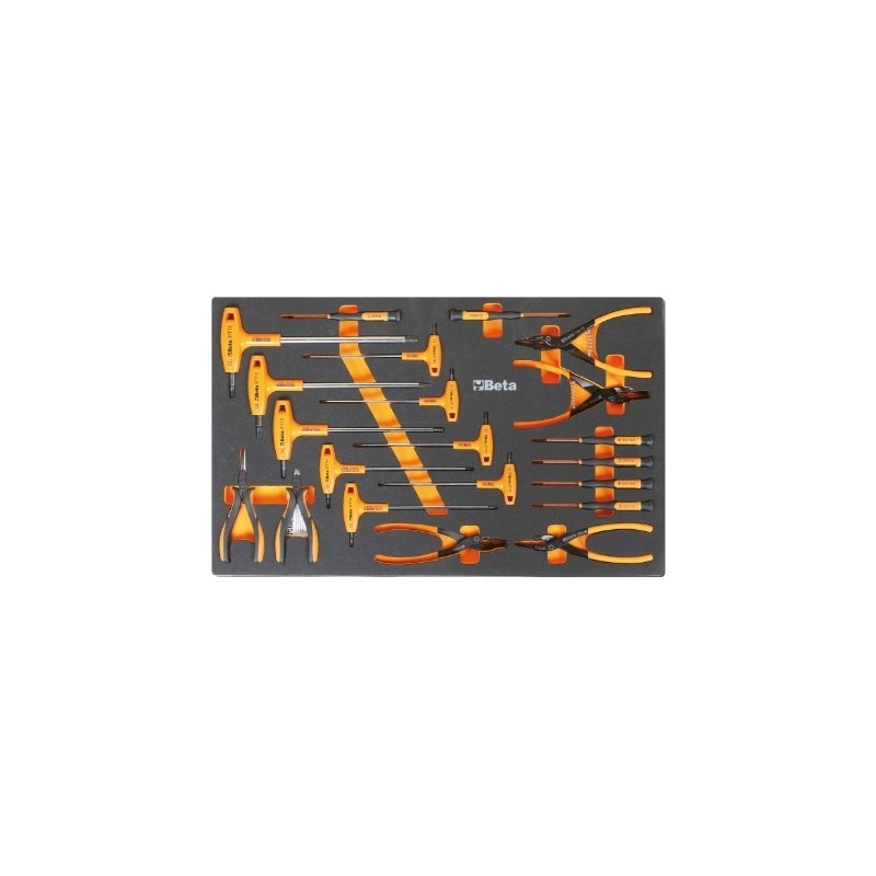 M62 Termoformado de espuma con llaves Allen acodadas con mango, microdestornilladores y alicates para retenes
