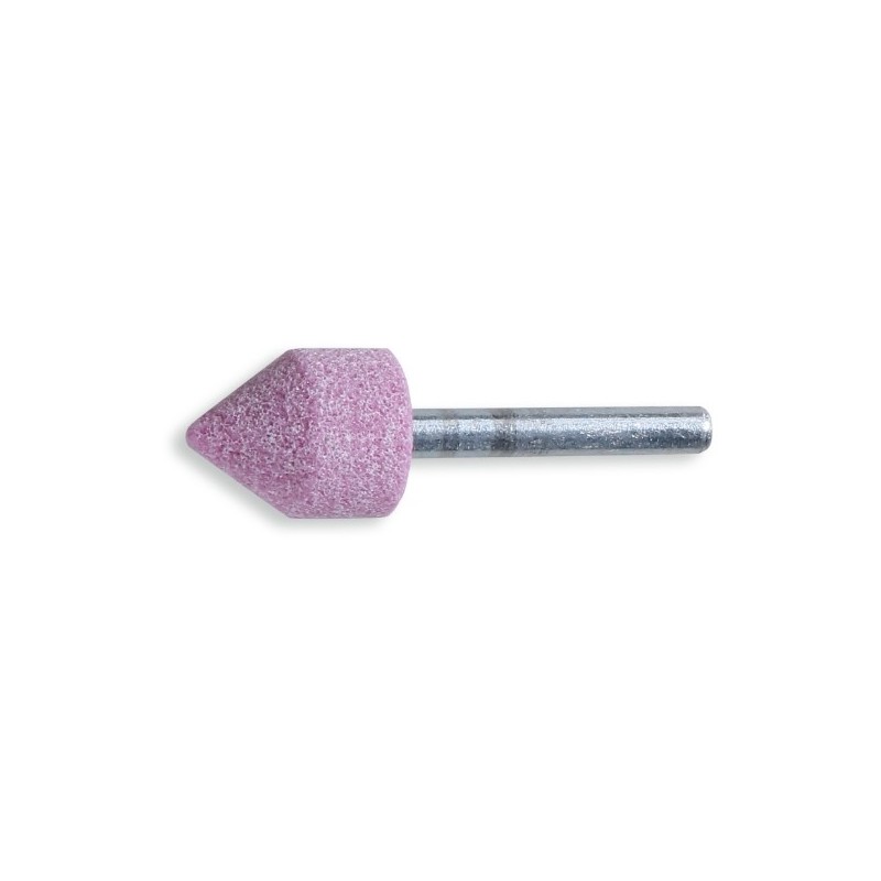11121 12X20 Muela con mango, granos abrasivos de corindón rosa con aglomerante cerámico, forma cilindro piramidal
